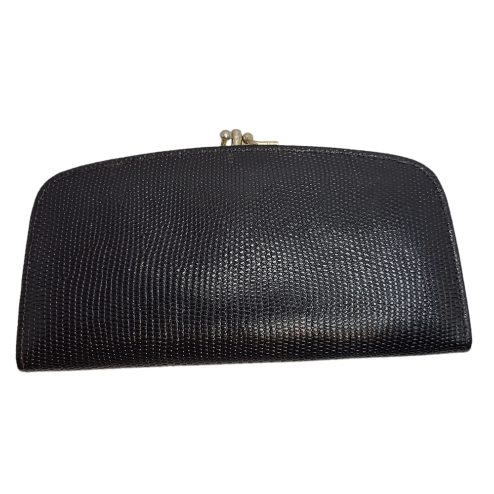 Vintage lizard calf/skin black double side flap double coin snap closure